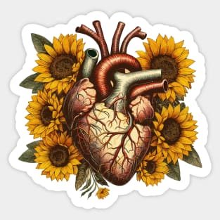 Floral botany Human heart, Vintage anatomy style, sunflowers Watercolor, human heart, anatomy art, student, doctor, medical Sticker